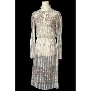 Vtg 70's Sheer Chiffon Floral Striped Dress Women's Small Ethereal Boho Hippie